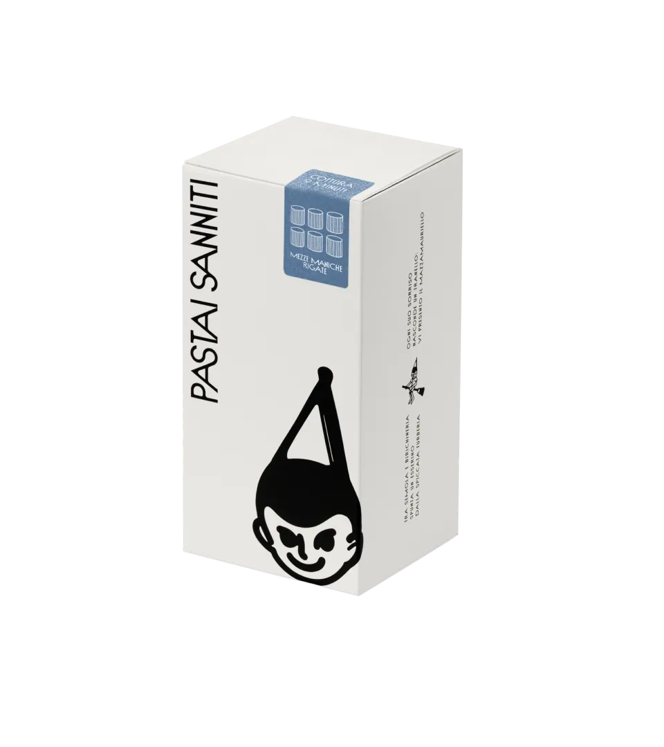 mezze-maniche-rigate pasta from parallelepipedo pack